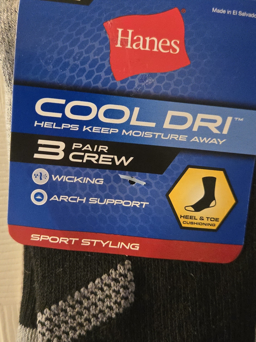 Hanes Cool DRI Black & Gray Athletic Crew Socks - 3 Pair